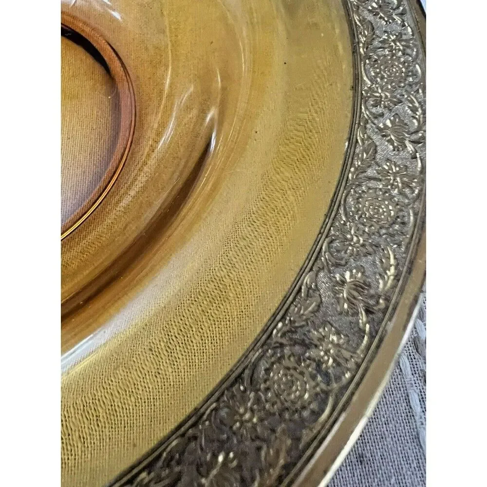 Amber Dish With Metal Etched Rim 8.5 inches vintage